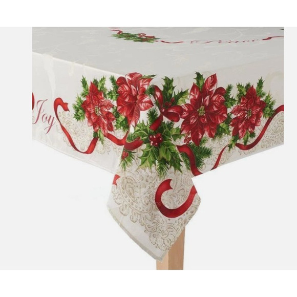St Nicholas Square Christmas Fabric Tablecloth Rectangular 97"x58" Poinsettias - Picture 1 of 8